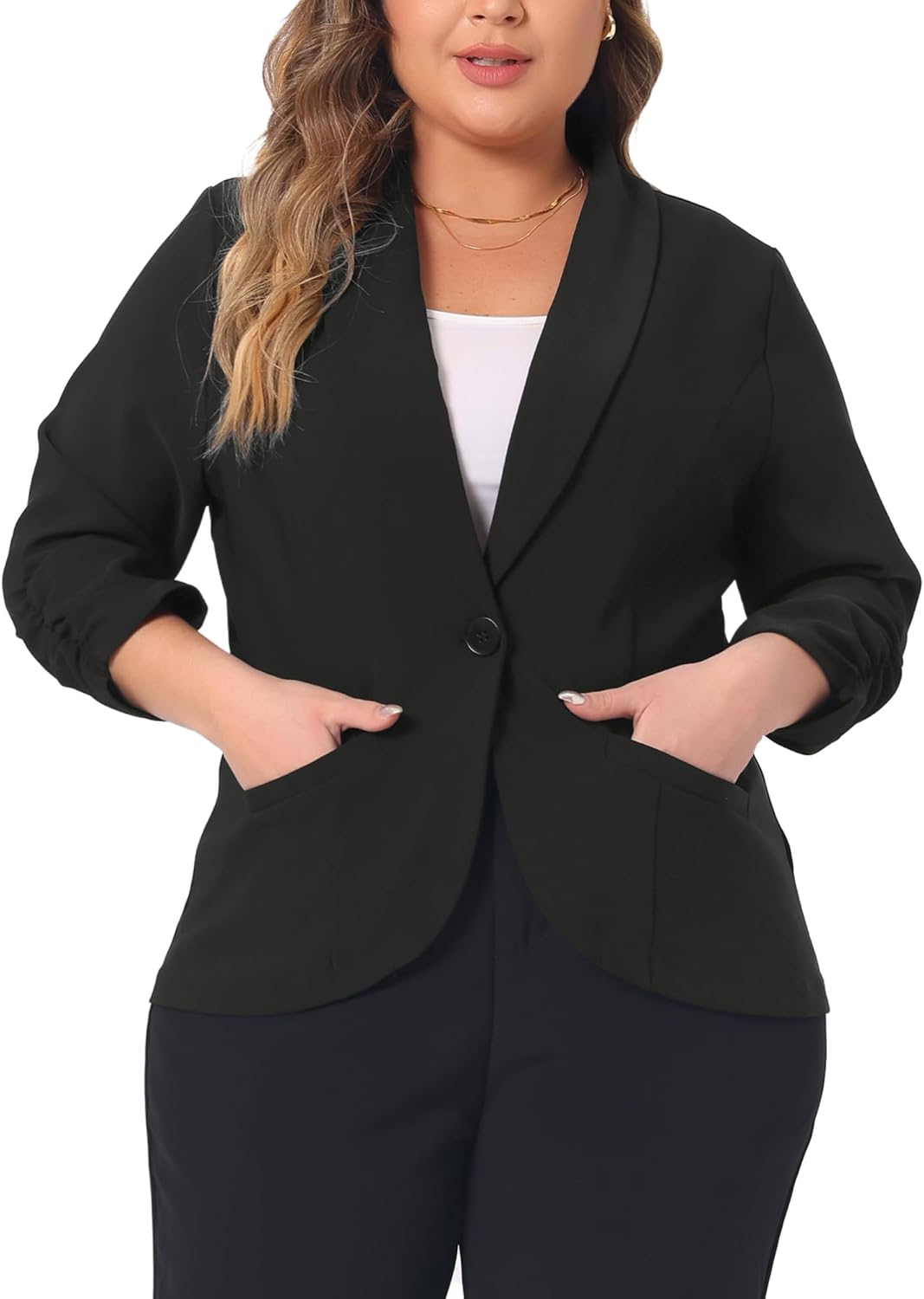 Agnes Orinda Plus Size Blazer for Women 3/4 Ruched Sleeve Open Front Lightweight Work Office Suit Jacket - Image 2