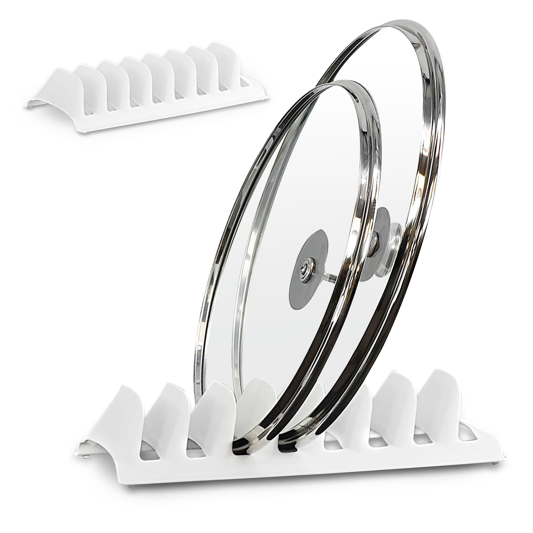 GEEZY Pot & Pan Lid Holder - Holds 8 Lids, Plates, Trays & Chopping Boards, White Upright Kitchen Cupboard Organiser Rack for Deep Drawers or Countertops - Essential Kitchen Storage & Organisation