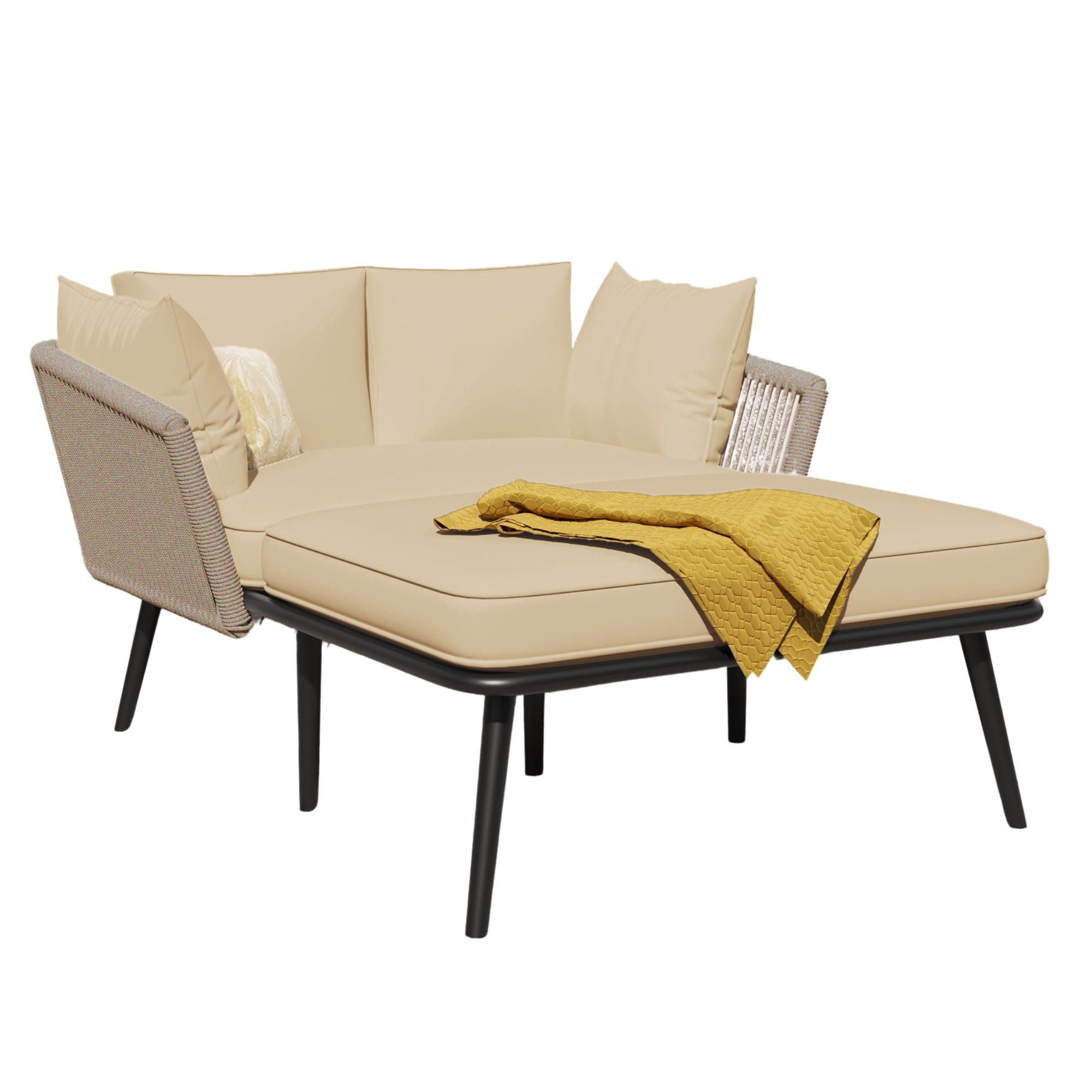 Sofá de jardín con 2 cojines y 2 cojines, tumbona para exteriores, salón de jardín, juego de muebles de balcón, muebles de salón, muebles de terraza, cojines extraíbles y lavables (caqui)