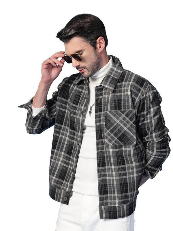 chkokko Men's Tweed Winter Shacket Stylish Flannel Plaid Standard Length Jacket Shirt-picture-40