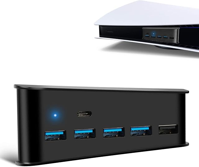 EEEKit 5 Port USB Hub for PS5 Console, High-Speed Expansion USB 3.0 Hub Charger Adapter with Type-C Compatible with Playstation 5 Gaming Console, Expands Game Console Ports