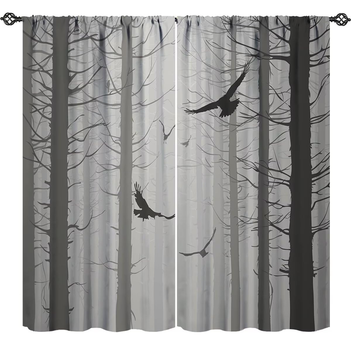 Misty Forest Window Curtain, Black Grey Foggy Woods Forest Birds Gothic Crow Halloween Room Darkening Door Window Rod Pocket Curtain for Living Room Bedroom W42xL45in