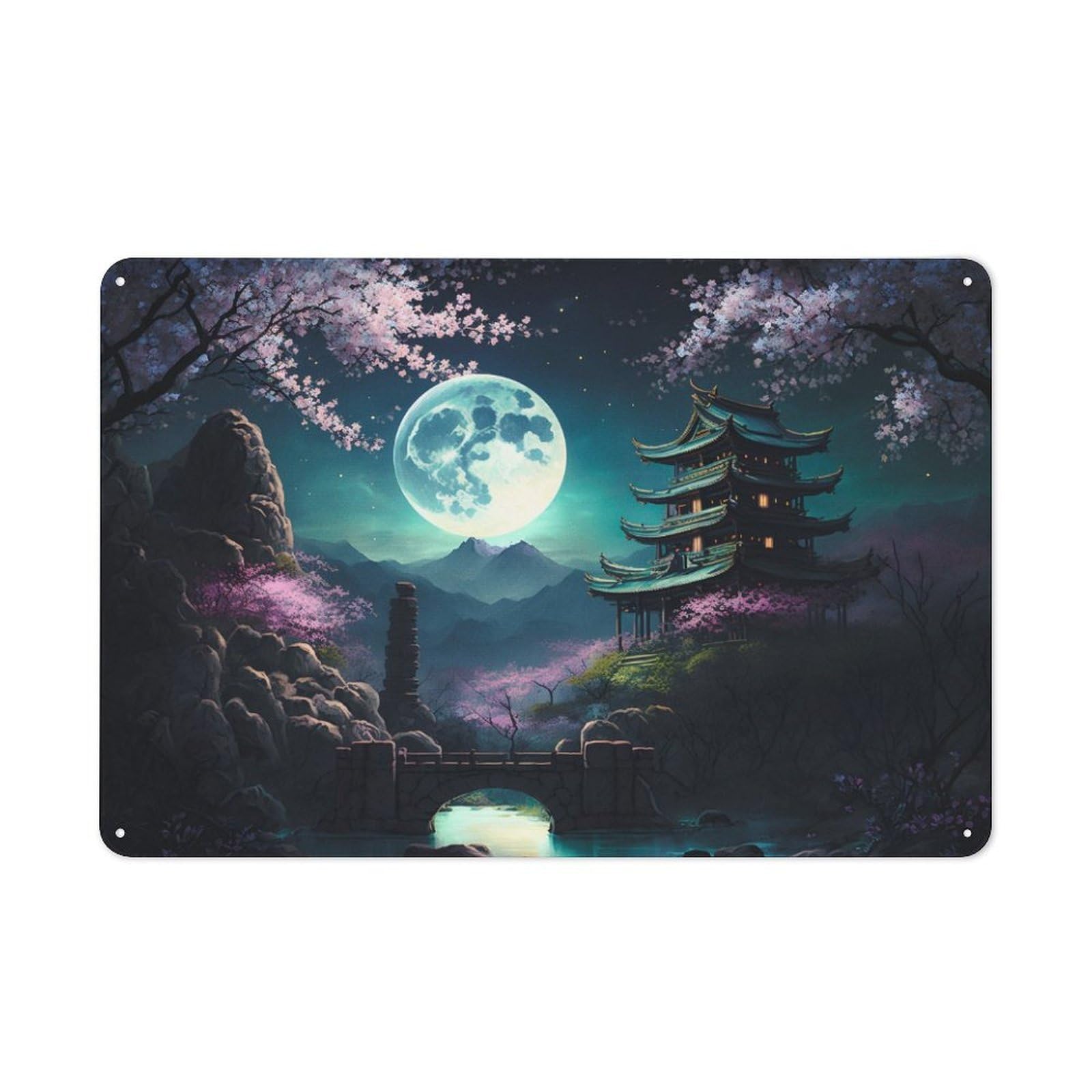 Junmoney Style-24-14 Modern Vintage Foll Moon The Lake Japan Metal Desk Wall Sign 20X30cm, Office Wall Decor For Office, Study, Studio Or Hallway