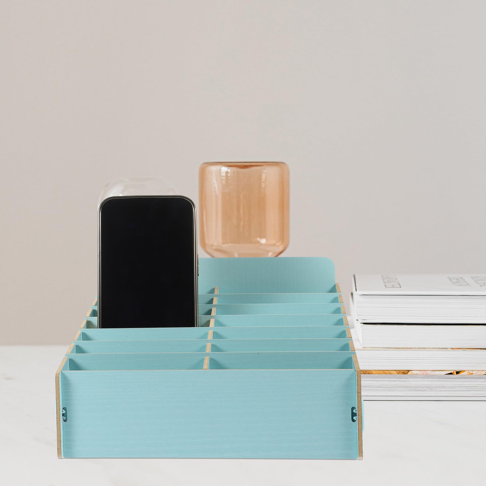 Organizer Scrivania in Legno Scomparti Multipli per Cellulare, Scatola Portaoggetti Robusta e Semplice per Soggiorno e Ufficio