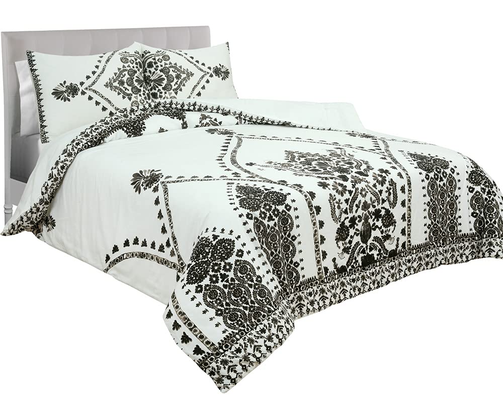 ROYALE LINENS Nikki Chu Varanasi 100% Cotton Comforter and Sham Set, Black/White, King