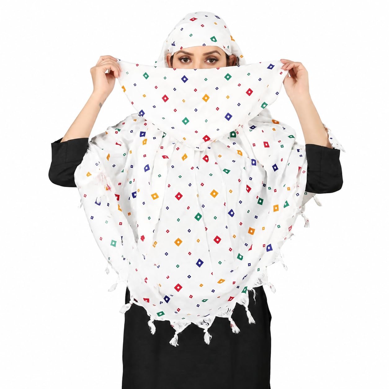 White Printed Cotton Scarf for Women | Summer Sun Protection & Face Cover for Bike Riding/Driving | Multipurpose Head Wrap Dupatta Hijab Style, Lightweight Breathable-image-29