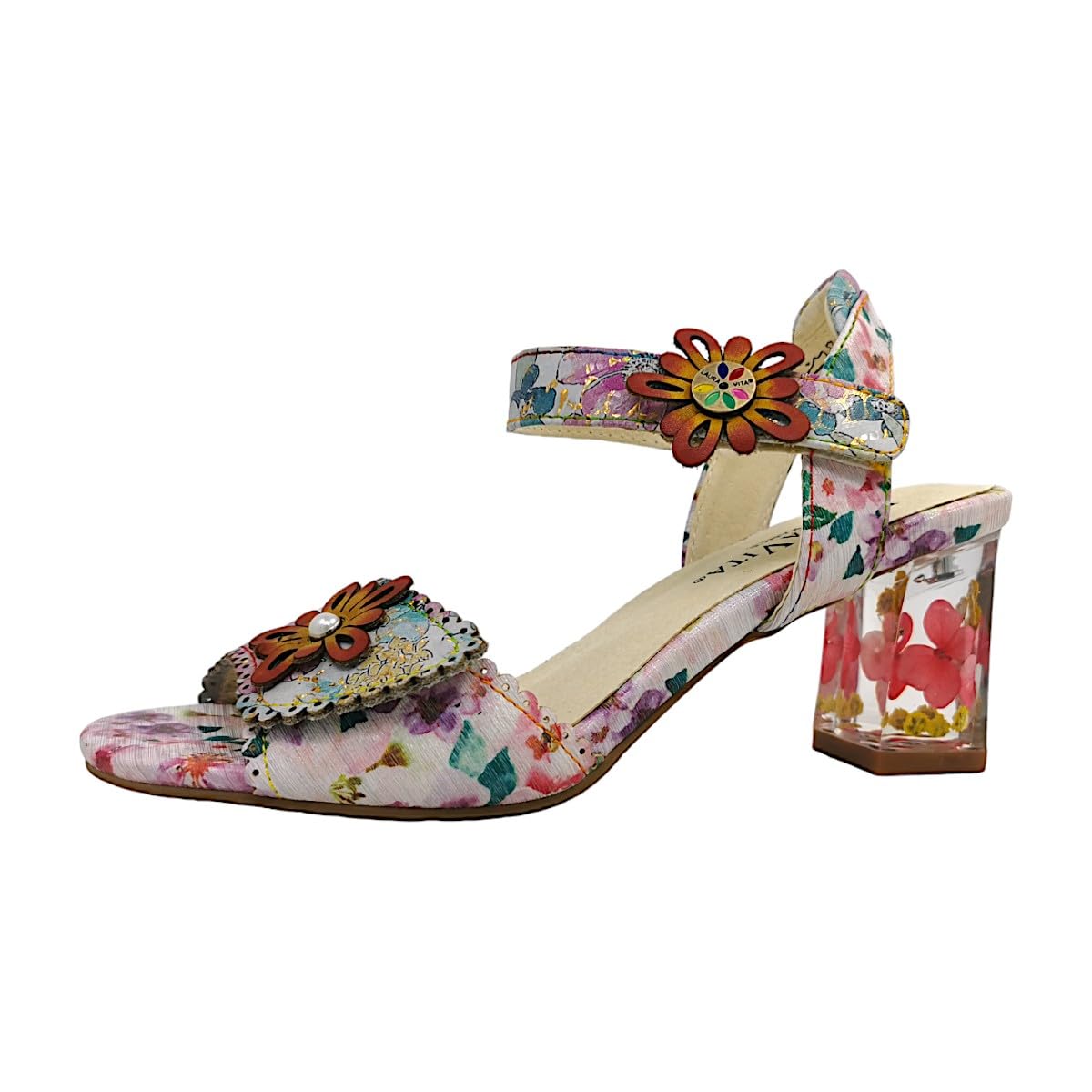Laura Vita Mujer Piel Sandalias Flores Perforación Tacón De