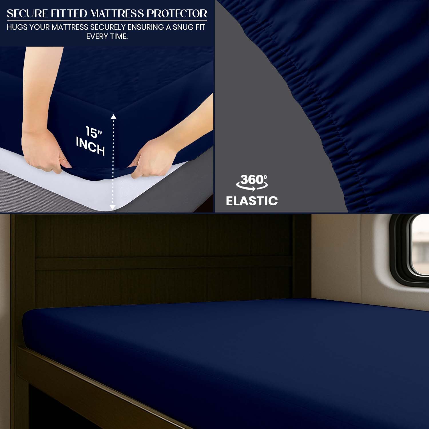 SGI bedding Waterproof RV Bunk Cot Bed Mattress Protector 24"x72" for Narrow Twin Camping Bed Mattress Pad Cover, Truck Sleeper & RV Beds - Soft, Noiseless, Breathable, 15" Deep Pocket - Navy Blue