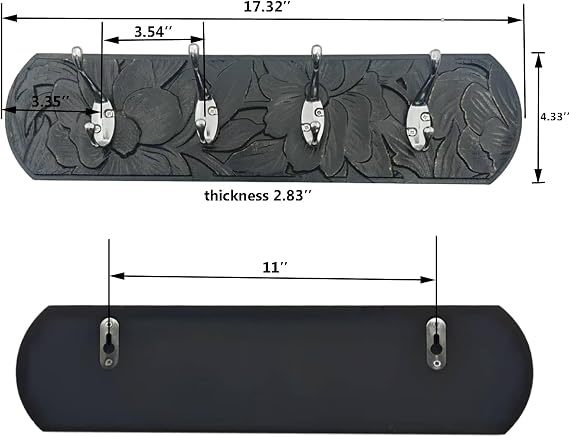 Decorative Wall Mounted Coat Rack with 4 Hooks, Rustic Wood Wall Organizer for Hanging Coats, Hats, Towels, Bags,Jackets, Keys (Antique Black)