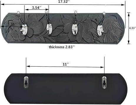 Decorative Wall Mounted Coat Rack with 4 Hooks, Rustic Wood Wall Organizer for Hanging Coats, Hats, Towels, Bags,Jackets, Keys (Antique Black)