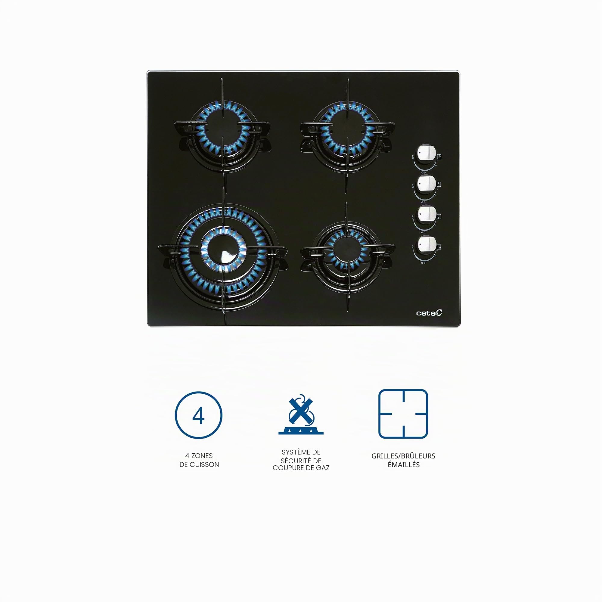 CATA CI 631 BK A/A Plaque à Gaz Butane 4 Feux. 1 Triple Couronne. Pour Cuisinière à Gaz Naturel. Largeur 59 cm Puissance totale de 8 Kw Tiges et brûleurs émaillés.