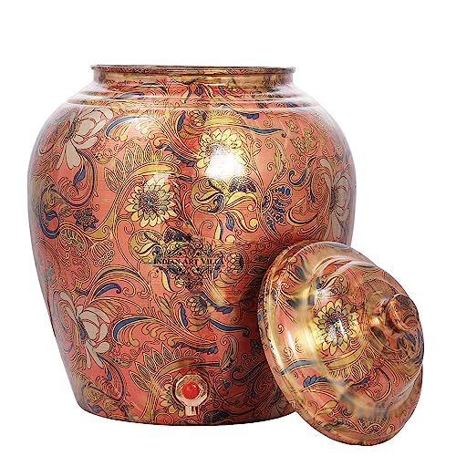 Image of Indian Art Villa Printed Flower Design Copper Water Dispenser Pot Matka, Storage, Home Kitchen Garden, 13 LTR