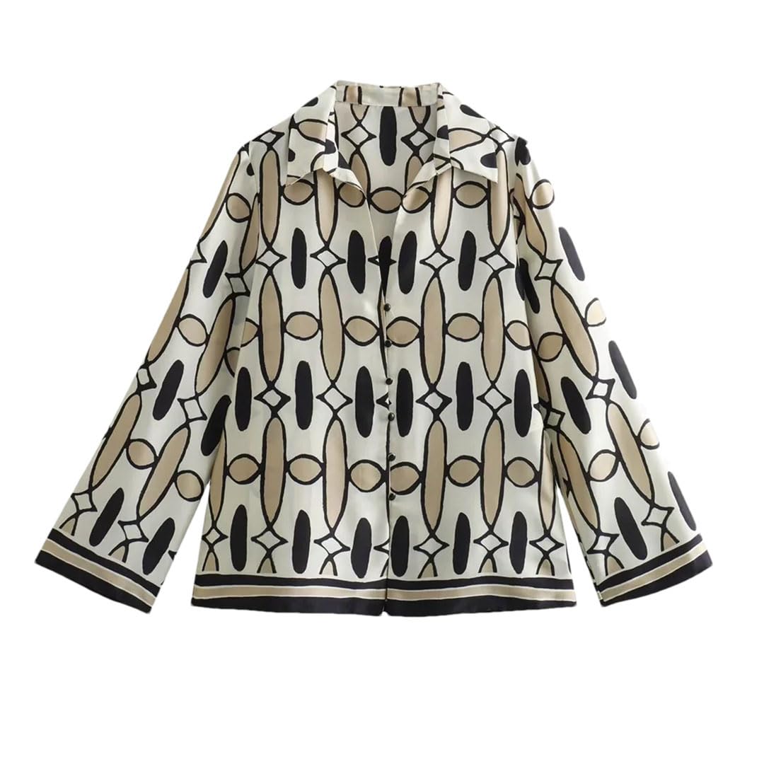 Primavera Donna Polo Collo Raso Texture Motivo Geometrico Stampato Camicia A Vita Alta Pantaloni Set
