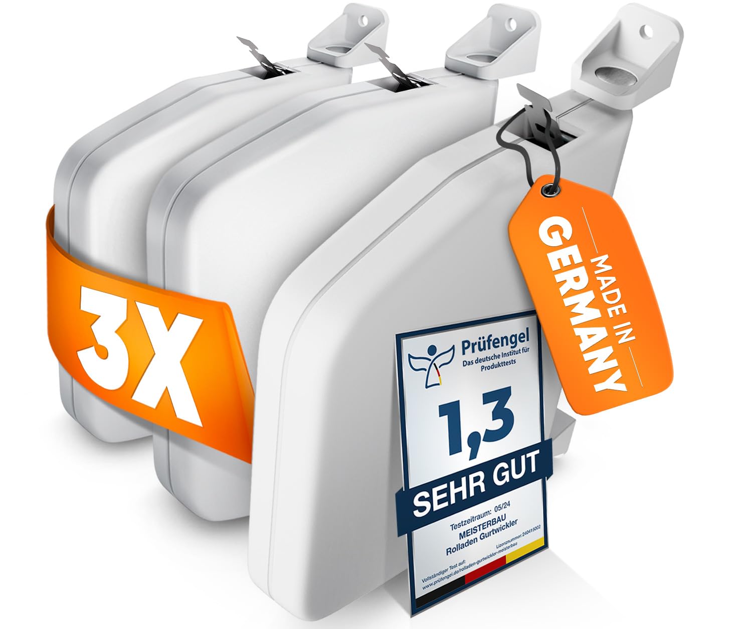 MEISTERBAU - Rolladen Gurtwickler Aufputz [ohne Gurt] - [Made in Germany] - 3 Stück aufklappbare Rollladen Aufwickler für Rolladengurt 14mm - 180° schwenkbar mit Lochabstand 155mm + Aufbauvideo - Weiß