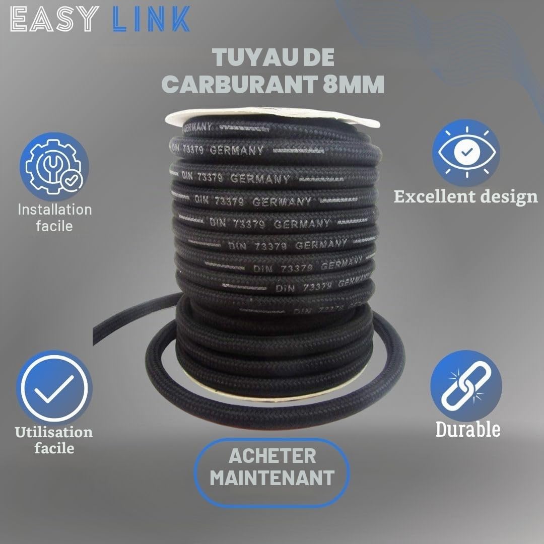 Tuyau de carburant 8 mm 5 m - Caoutchouc nitrile synthétique lisse - Tressage textile flexible - Noir - 1 unité