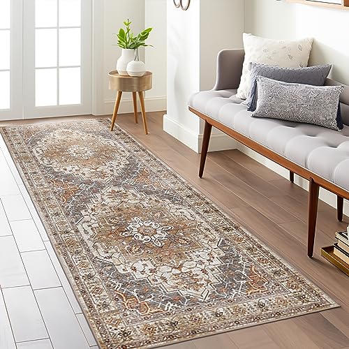 Madane Washable Runner Rug - 2x6 Rug Runners for Hallways 6 Feet Non Slip Vintage Kitchen Runner Rug Ultra-Thin Bathroom Runner Rugs Carpet Laundry Room Bedroom (2x6ft, Turmeric/Grey)