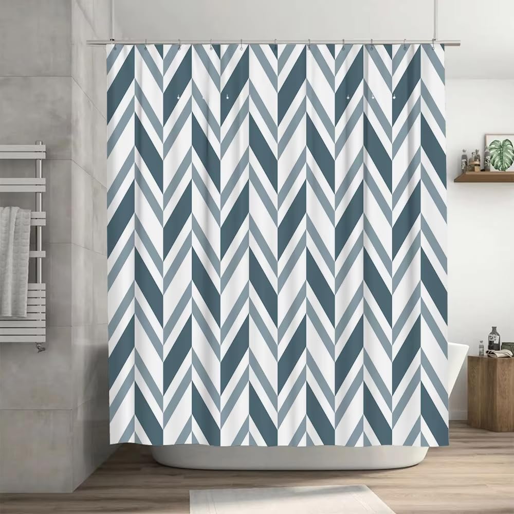 Rideau de Douche 240x200 Géométriques Bleu-Gris,Rideaux de Salle de Bain Géométriques Modernes Et Simples,Rideaux de Baignoire Esthétiques,Lavables Et à Séchage Rapide,Bleus