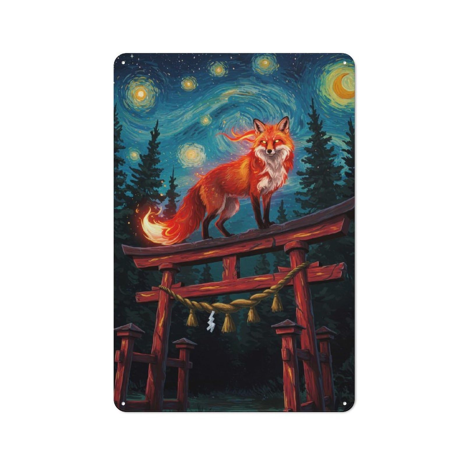 Junmoney Fox On Torii Gate Under Starry Night Rustic Tin Wall Plaque 30X20cm For Garage Or Workshop, For Garage Decor Fans, For Retro Home Interiors