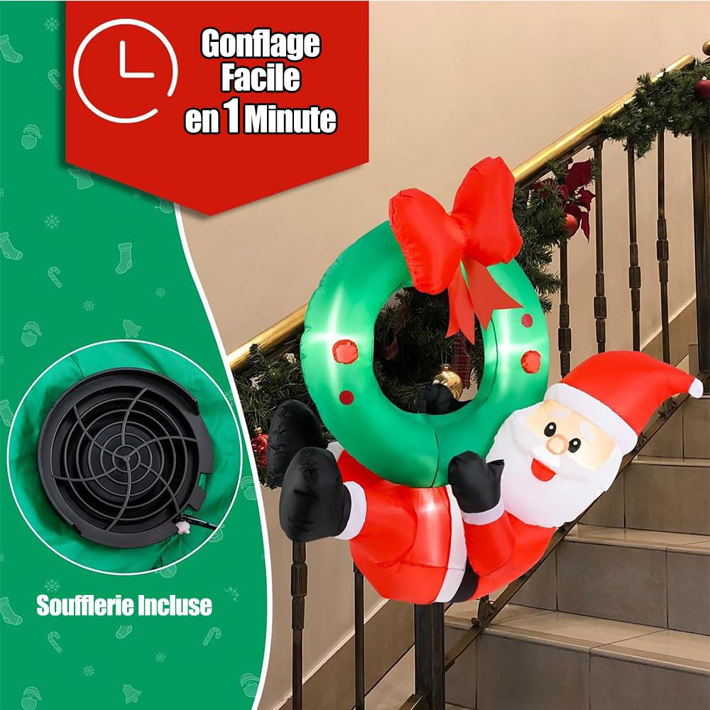 SOARS Decoration Noel, Père Noël Gonflable 120 X 50 X 120CM avec 5 lumières | LED Résistant aux Intempéries, Couronne de Noël Porte, Fenêtre, Deco Noel Extérieur Interieur Maison pour Cour, Jardin