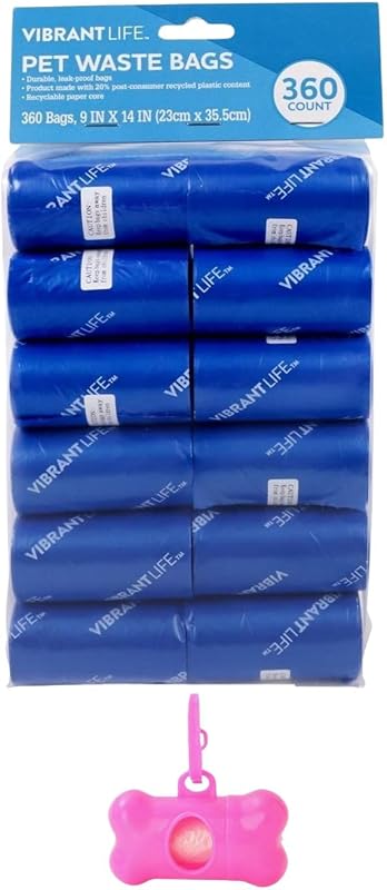 Vibrant Life Dog Waste Bag Refills, Blue, Durable, Leak-Proof Bags, 360 Count (24 Rolls) with Bone Waste Bag Dispenser