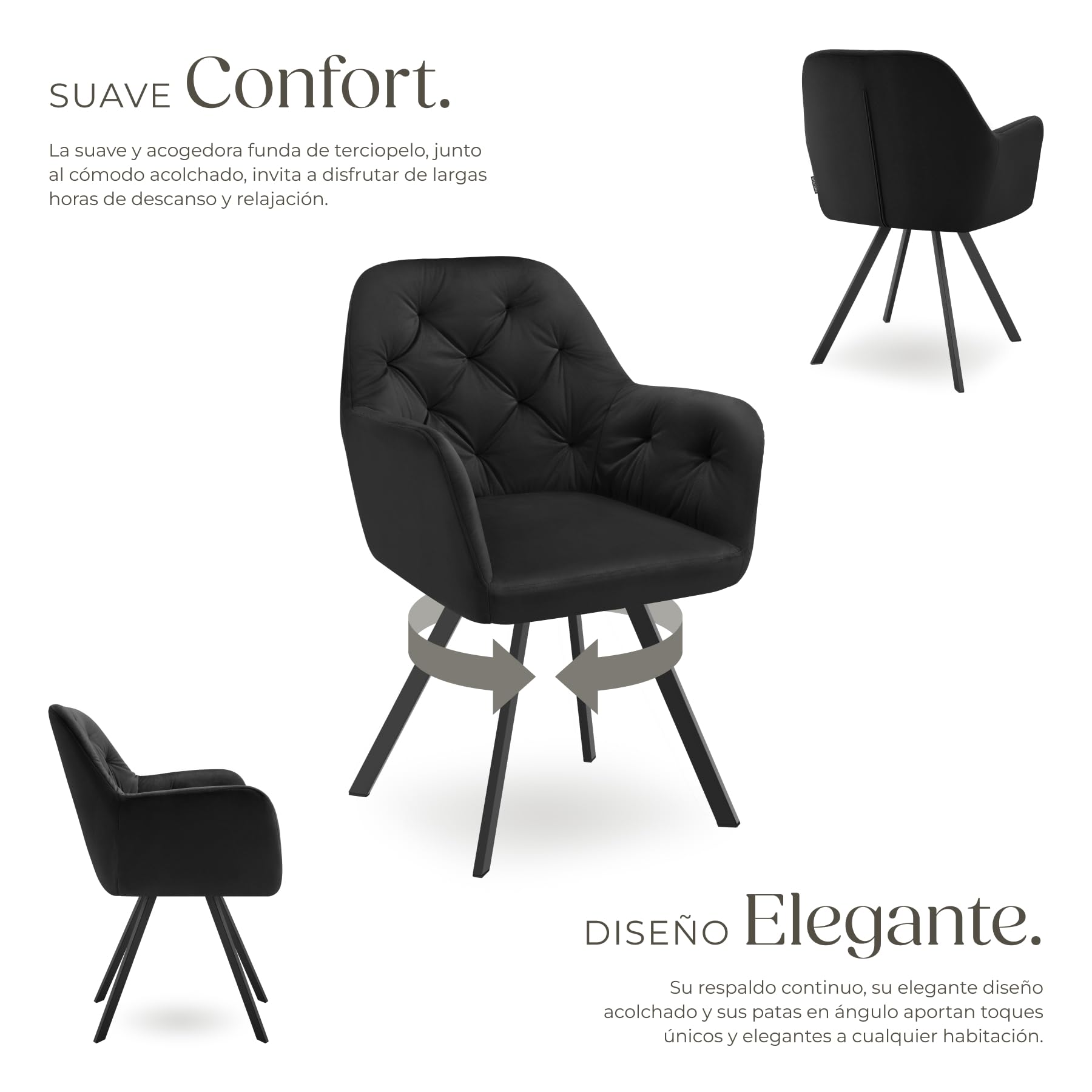 tectake® Silla Giratoria de Terciopelo, Diseño Acolchado, Sillas de Comedor con Patas de Acero, Amplio Asiento, Respaldo Continuo, Giro 180°, Sillas Cocina, Sillas Comedor - 1 Silla Negro