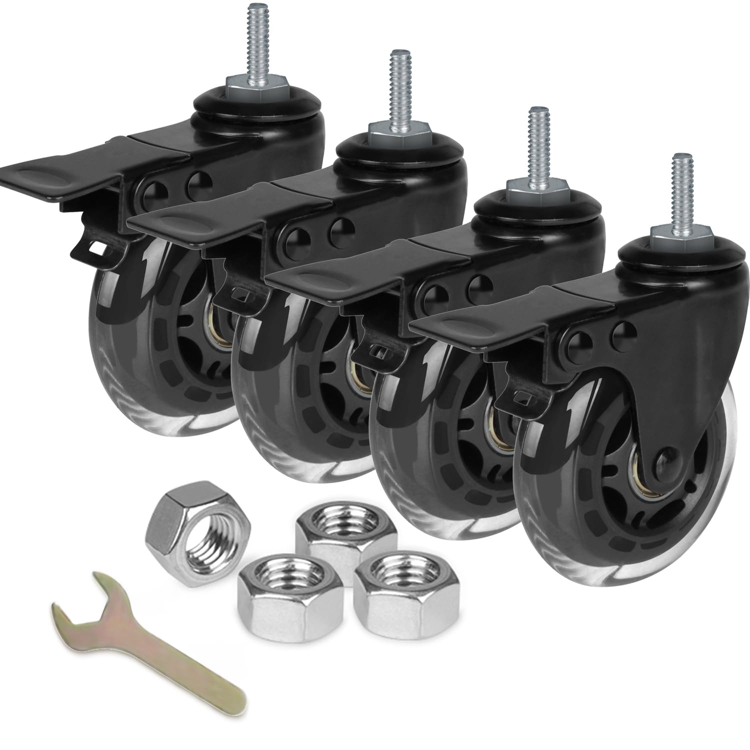 8T8 3 Inch Rubber Caster Wheels Heavy Duty with Brakes, 5/16"-18 x 1 Threaded Stem Casters Set of 4 (Screw Diameter 5/16", Length 1"), Quiet and