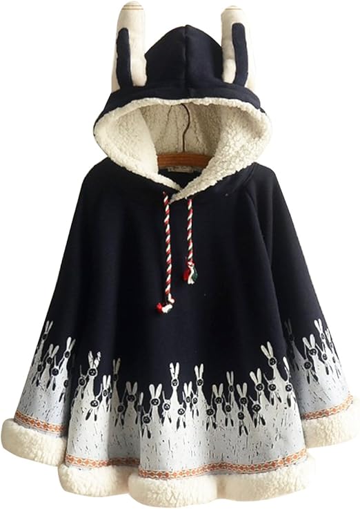 Amazon Co Jp Shellme 新型 レディース マントパーかー 冬 フードコート 裏地毛 ウサギプリント 森ガールトレーナー パーカー ウサギ耳 綿入れ ルームウェア ファッション 少女 着心地 暖かい 学生風 ファッション