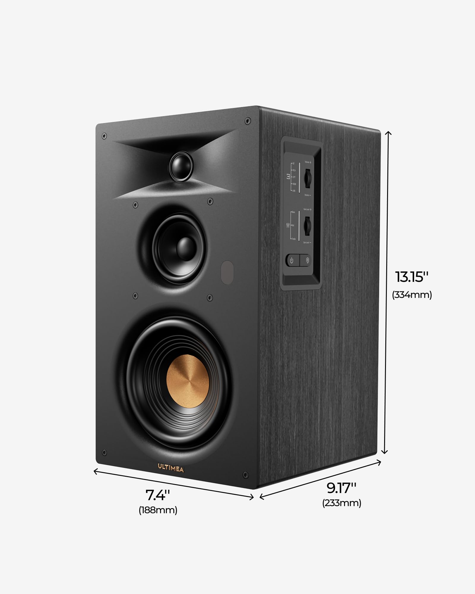 ULTIMEA Aktive 3-Wege-Regallautsprecher, 70W RMS Aktivlautsprecher mit 5,25" Tieftöner, App, Bluetooth 6.0, HDMI ARC, mit Subwoofer-Ausgang für Heimkino, TV, PC & Plattenspieler, Studio Monitor, BS-3