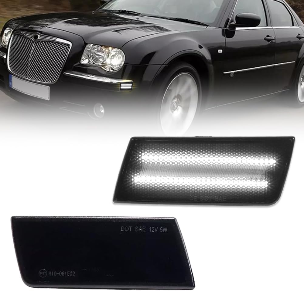 Front LED Side Marker Lights for Chrysler 300 300C 2005-2014, 300 Smoked Lens Side Bumper Marker Lights, Chrysler White LED Turn Signal Lamps, 2 PCS