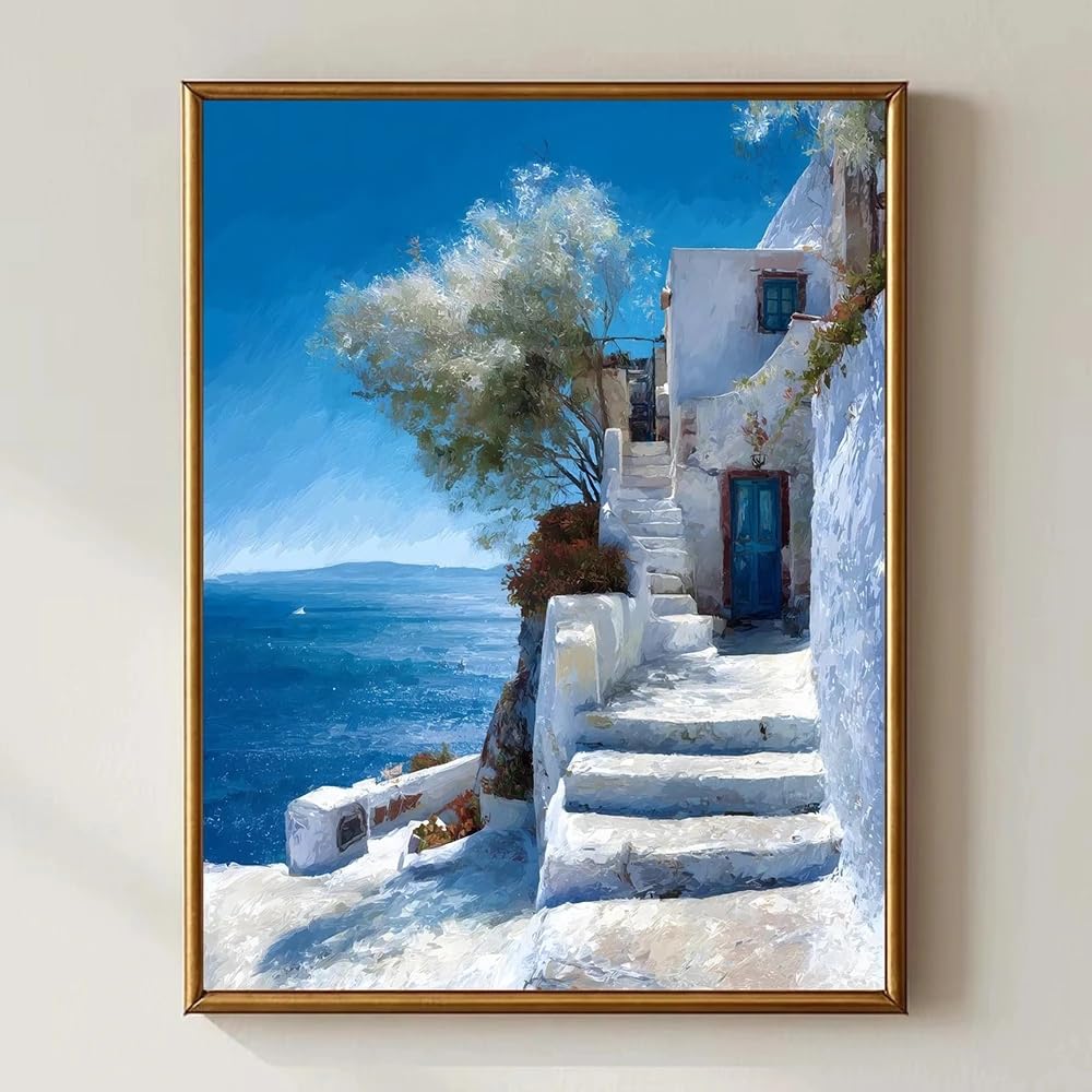 Gosrd Frameless Canvas Prints Poster Mediterranean Island Coast Blue Sea Print, Santorini Wall Art Painting Modern Home Living Room Decor(60X80cm/Frameless)