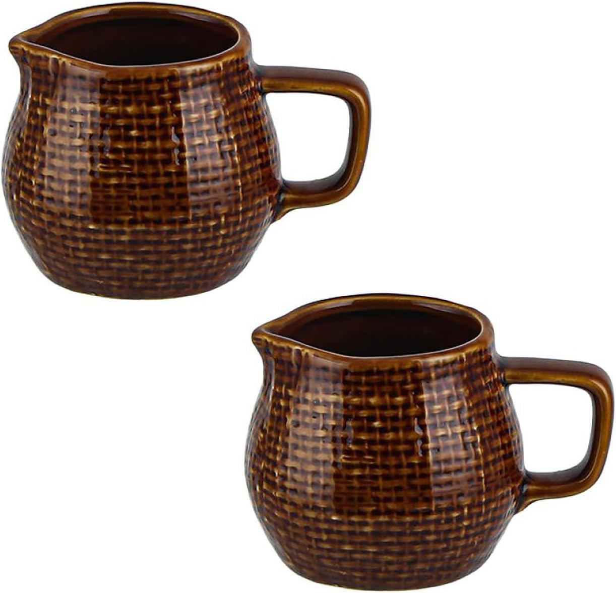 Gaolinci 2 Pcs Vintage Cloth Pattern Ceramic Creamers with Handle, 6 OZ Small Creamer Pitcher, Porcelain Small Milk Pitcher for Coffee Sauces Salad Milk-Brown-6 OZ