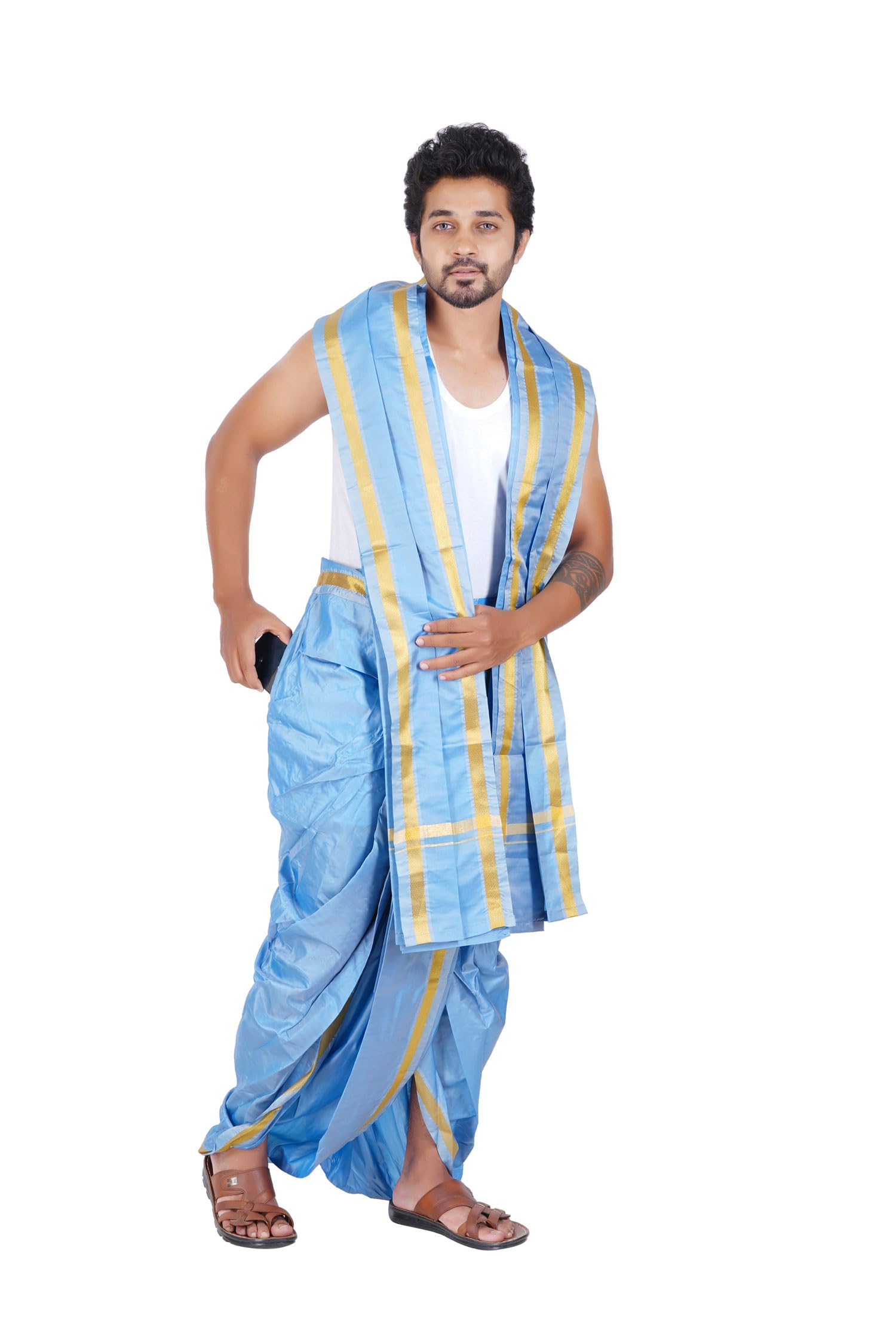 Prakasam Cotton Mens Asha (Polyester Blended) Sky Blue Colour Panjakejam (Ready To Wear) Dhoti & Towel Set With Pocket (50K)