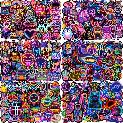 Aufkleber 300 Stück Cool Süße Neon Sticker Set, Wasserfeste Vinyl Aufkleber, Sticker für Laptop Scrapbook Handy Journal Tasse Skateboard Macbook Planner Snowboard Koffer Fahrrad Notebook Scooter usw