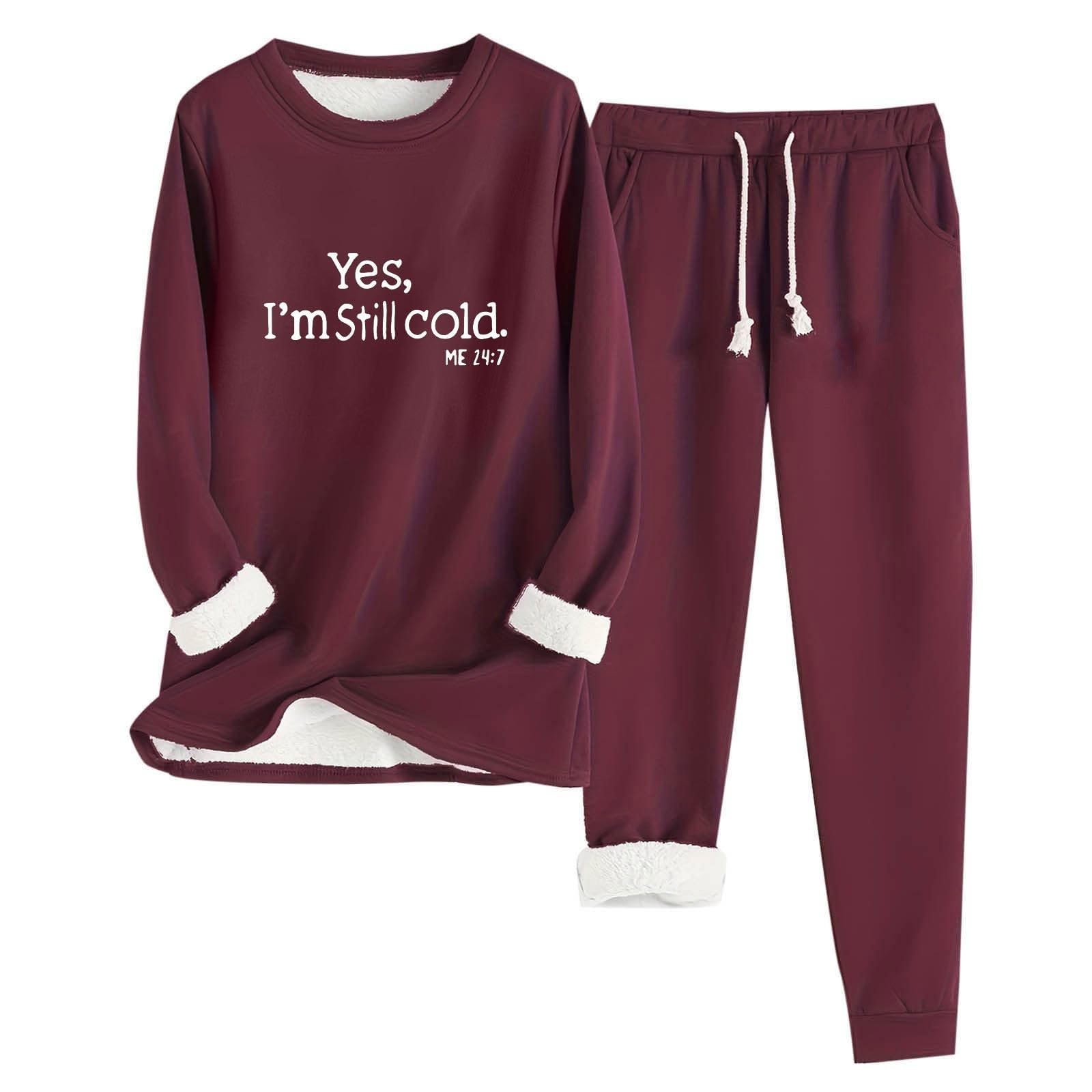 Tuta da jogging in pile con stampa a lettere, maniche lunghe, scollo rotondo, con coulisse, calda, in due pezzi, per le donne