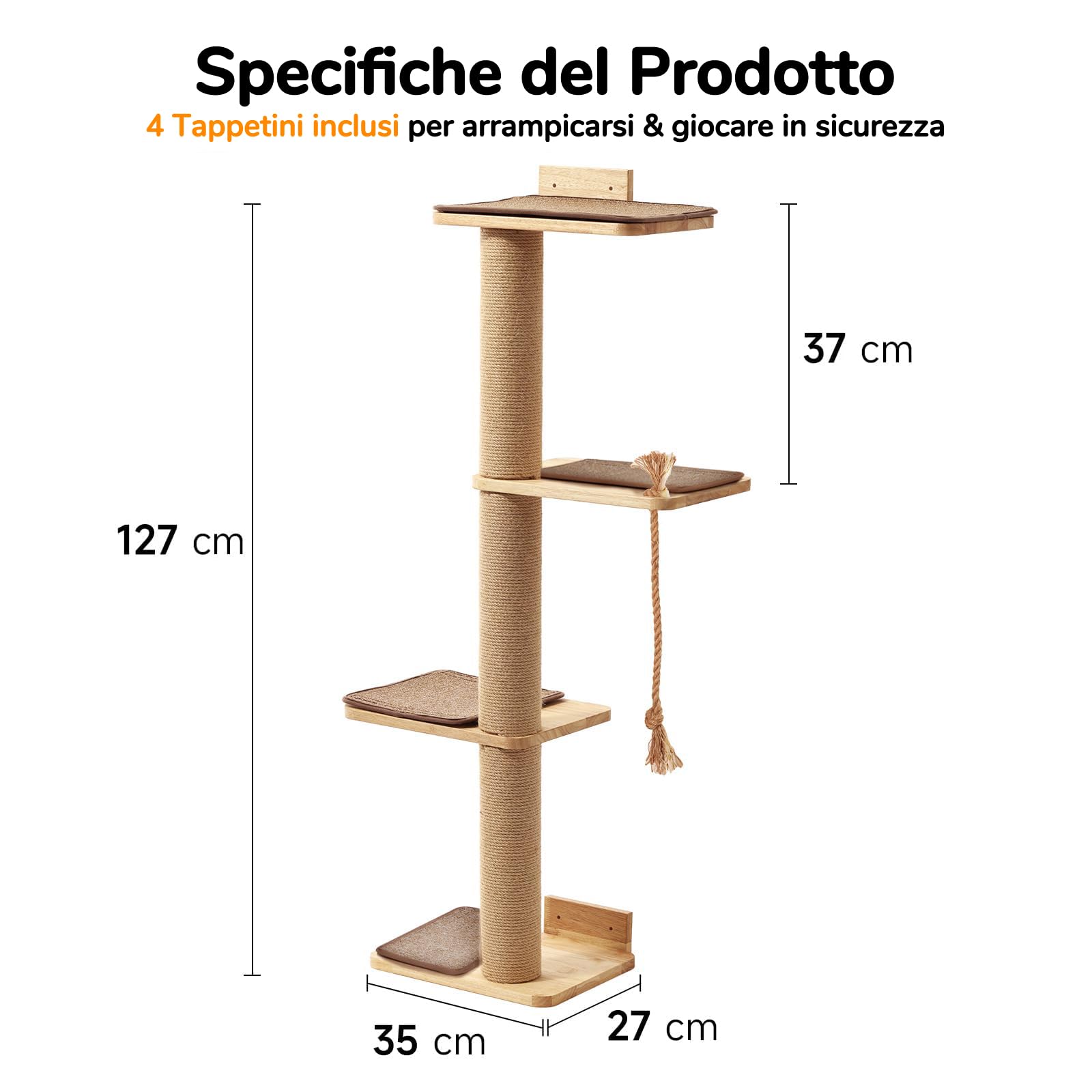 FUKUMARU Albero Tiragraffi per Gatti a Parete, Alto 127 cm, Arrampicare Mensole e Posatoi per Gatti, Legno di Gomma Massiccio,Colonne Tiragraffi con Iuta per Gatti, 4 Tappetini Tiragraffi.Grande.