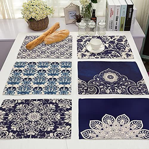Miniatura 2 de Set of 6 Geometry Theme Navy Blue Pattern Cotton Linen Placemats Non-Slip Heat Resistant Washable Dining Table Mats(1)