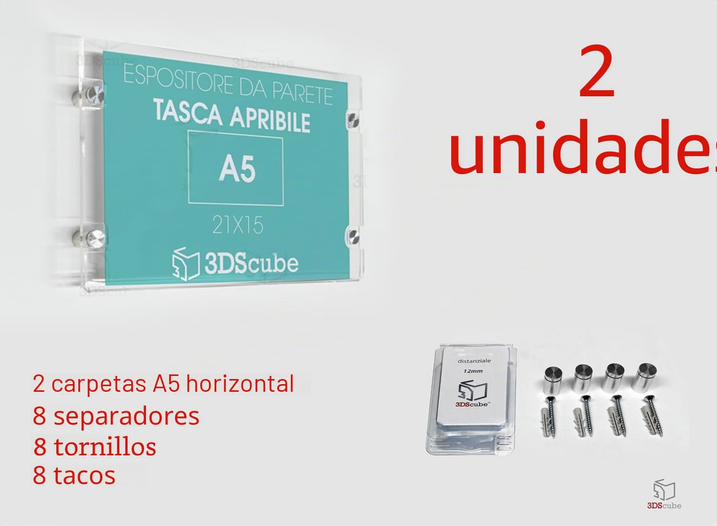 2 expositores de metacrilato de pared con bolsillo abatible, porta avisos y folletos formato A5 horizontal 21 x 15 cm, con espaciadores de aluminio cepillado, para anuncios, carteles, horarios de