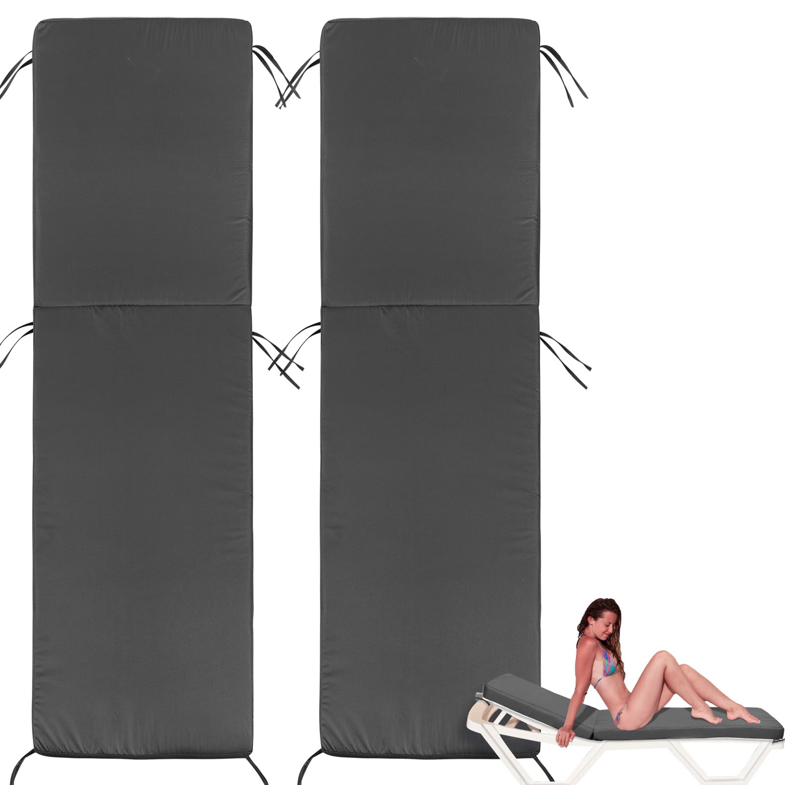 2 Pcs Waterproof Chaise Lounge Cushion Cover Outdoor (Not Includes Cushion) 72 x 21 x 3 Inch Lounge Chair Cushion Cover Patio Lawn Chaise Cushion Slipcover with Zipper Ties(Dark Gray)