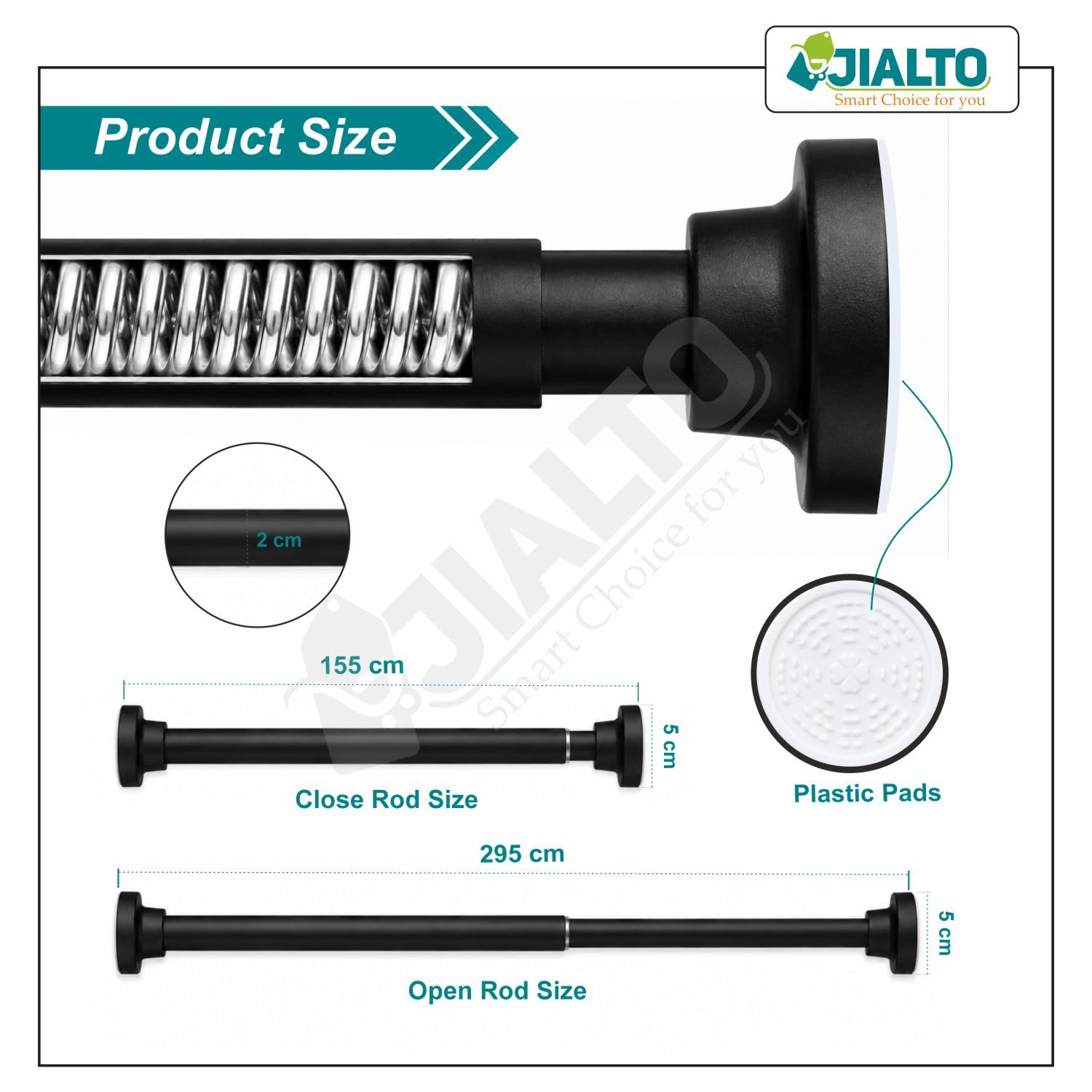 JIALTO Adjustable Bathroom Shower Curtain Rod 155 To 295 Cm Extendable Shower Tension Rod | Without Drill for Wall Anti-Skid Spring Pull Door | Telescopic Shower Curtain Stand (BLACK - 1 Pcs) — Amazon image 2