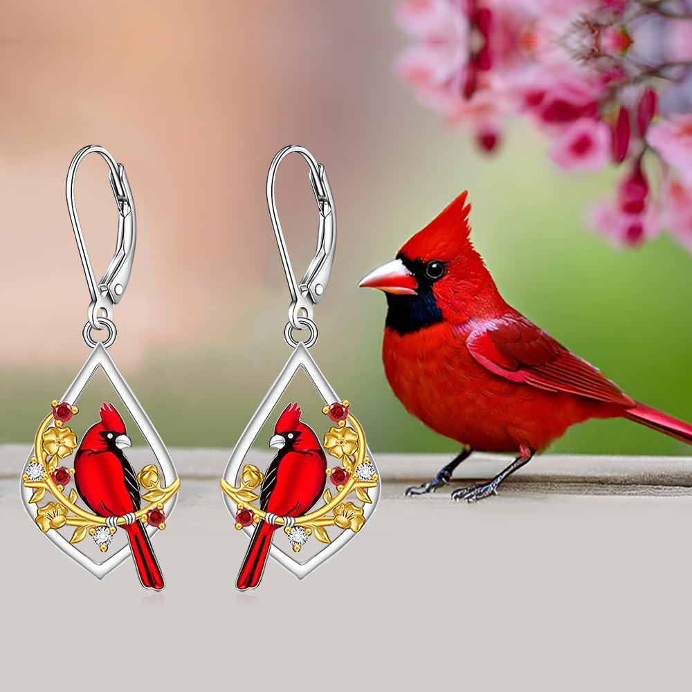 Cardinal Earrings for Women Red Cardinal Earrings Dangle Floral 925 Sterling Silver Leverback Bird Jewelry Memorial Gifts - Image 4