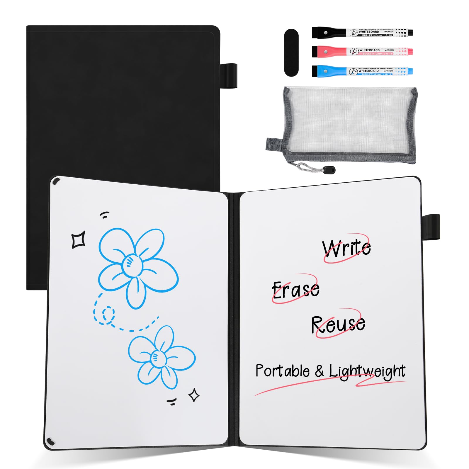 AGM Portable White Board Dry Erase Notebook, 8.4" x 6" Double Sided Folding Whiteboards with 3 Pens, Small Travel Dry Erase Board Skin-Friendly