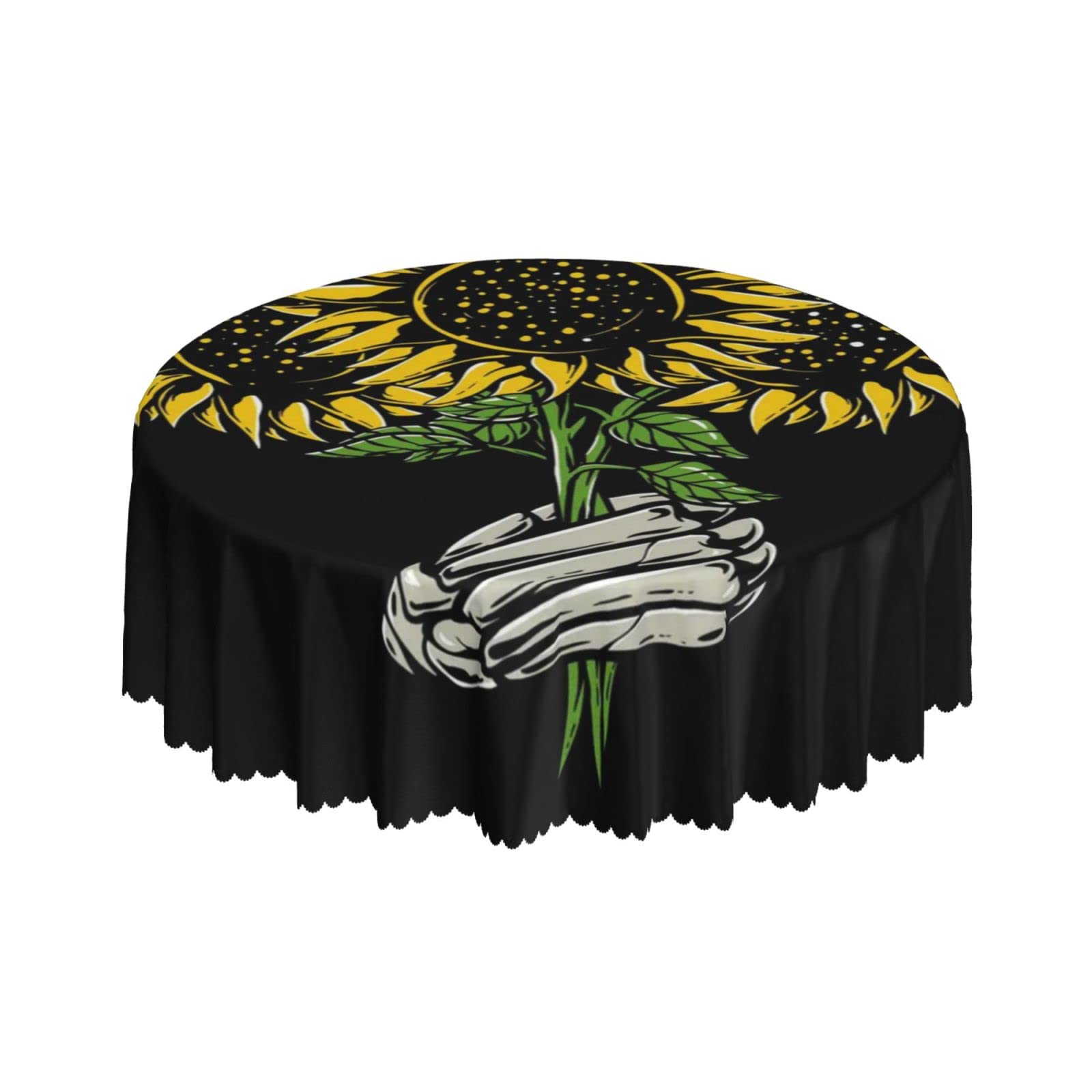 Lsjuee Skeleton Sunflower Black Round Tablecloth 60 Inch Printed Washable Tablecloth for Dining Party Holiday Fall Home Decorative