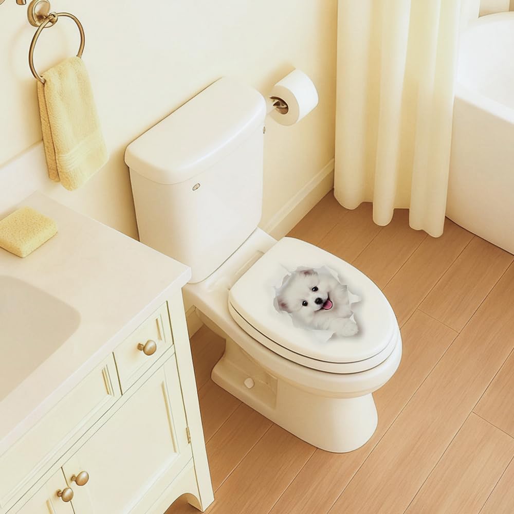 Toilet Seat, Slow Close, Premium Moulded Wood, Quick Release, 3D Relief Texture, 3D Animal Series, PIKLiDS (White Puppy, Elongated)