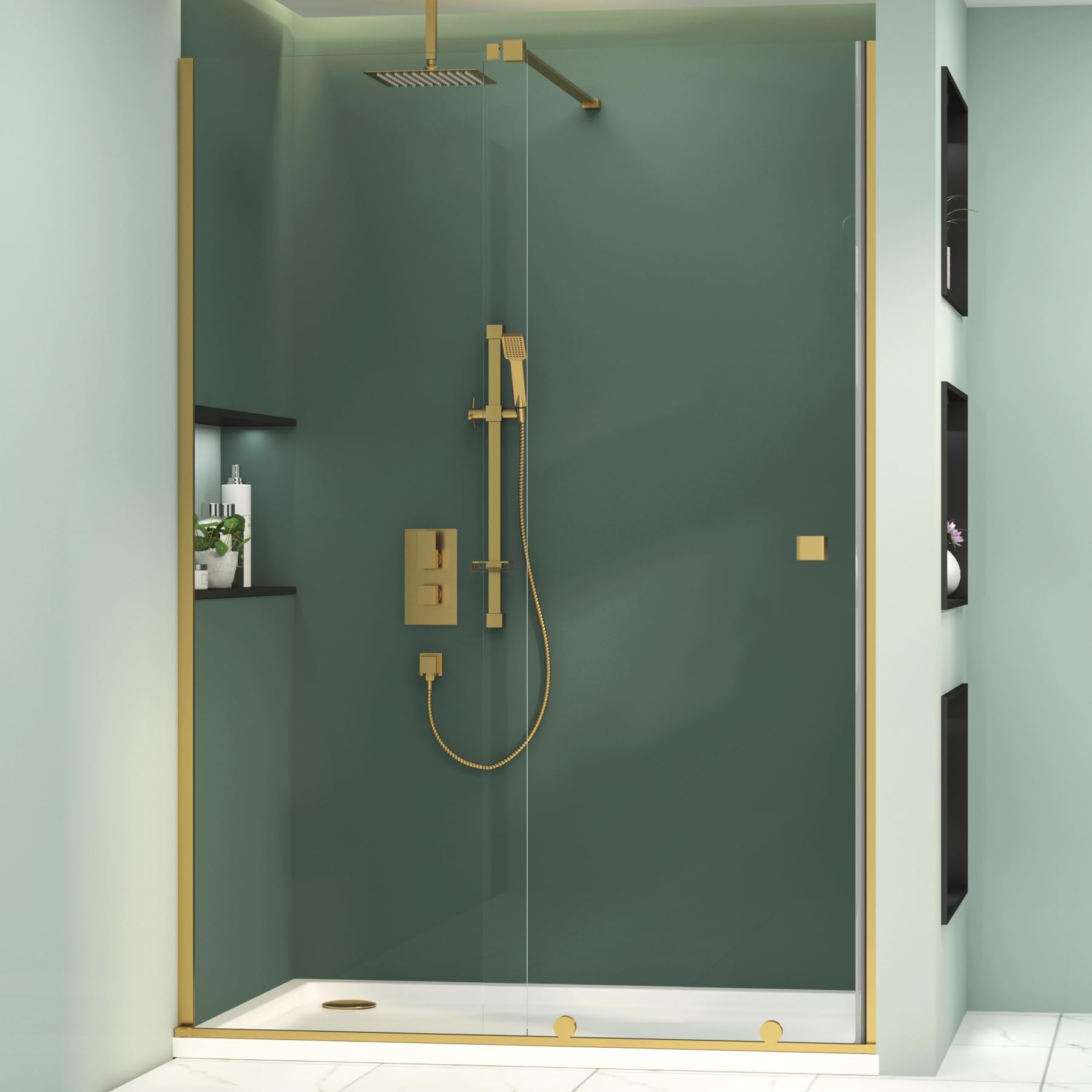 – Luton 1100mm Brushed Brass Walk in Recessed Sliding Shower Door Screen for Wet Room Cubicle Enclosures 8mm Toughened Safety Glass - 1950mm Tall