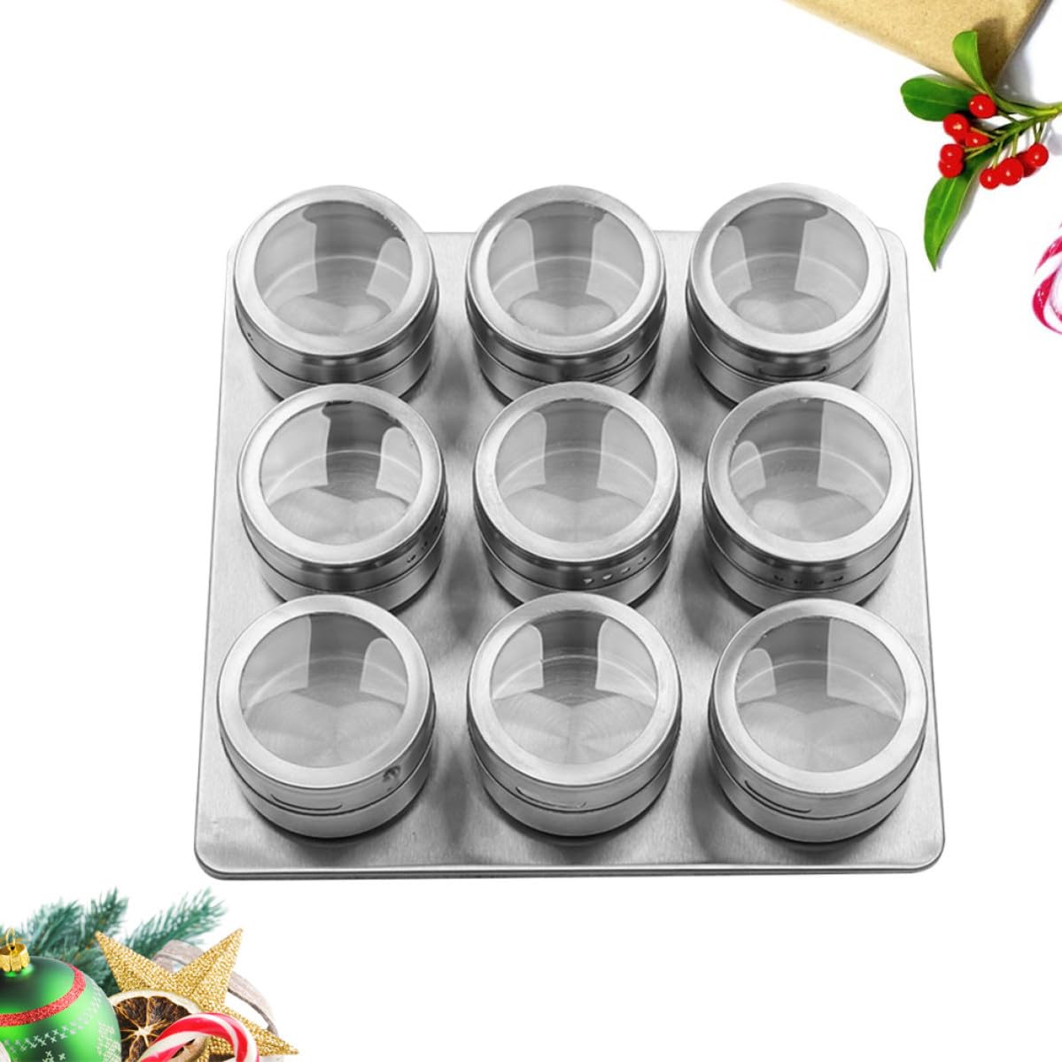 PRETYZOOM Tarros para Especias y Base Magnética para Almacenar Condimentos Set de 9 de Acero Inoxidable con Ventana Visible en Cocina o Barbacoa