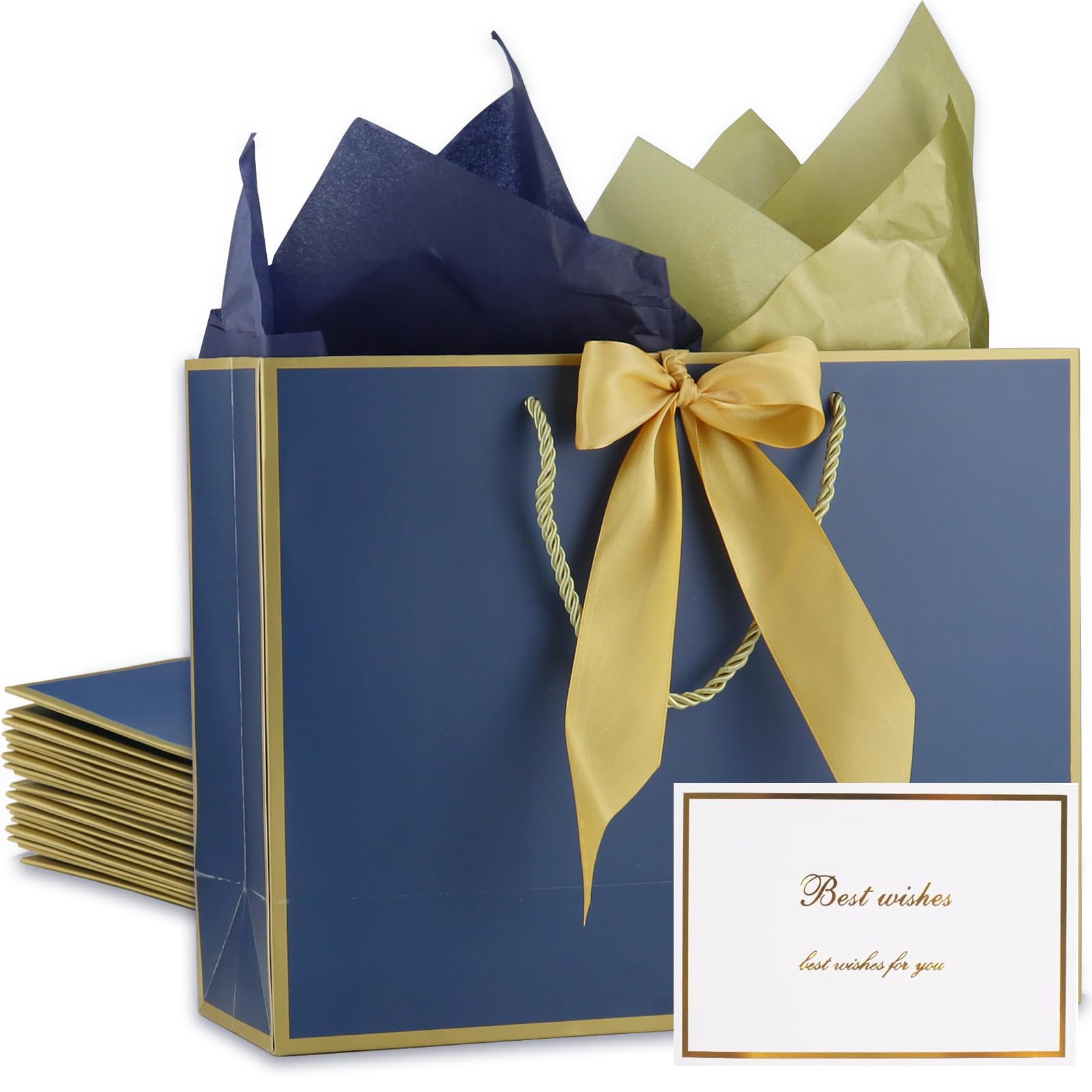 10 Pcs Ribbon Paper Gift Bags with Handle, Tissue Paper & Cards, Navy Gold