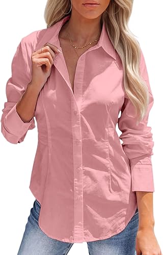 Miniatura 13 de siliteelon - Camisas de vestir de manga larga con botones para mujer, sin arrugas, cuello para trabajo, oficina, unicolor, blusas con corsé