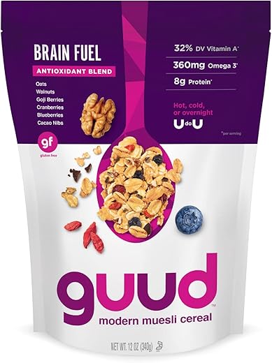 GUUD Brain Fuel Antioxidant Blend Gluten Free Muesli Cereal, 12 Ounce, Versatile Oatmeal Alternative, Oats, Walnuts, Goji Berries, Cranberries, Blueberries, Cacao Nibs, Vegan, Non-GMO