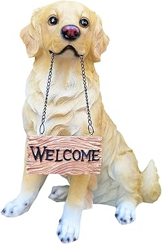 ZXHStore Golden Retriever Garden Welcome Statue, Outdoor Dog Sculpture with Welcome Sign Simulation Animal Model Figurine, 18 Inch Tall