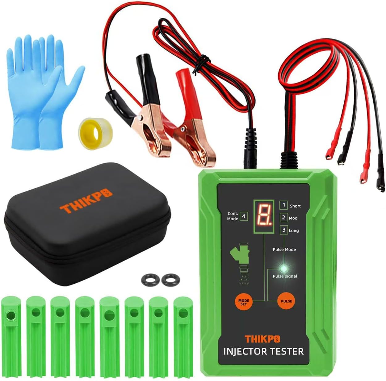 THIKPO Universal Fuel Injector Tester Cleaner Tool Kit, DIY Cleaning Tool with 8 Pulse Modes, 4 Wire Dual Channel for 2 Injectors, 8 Size Adapters, 12V/5V Output Power